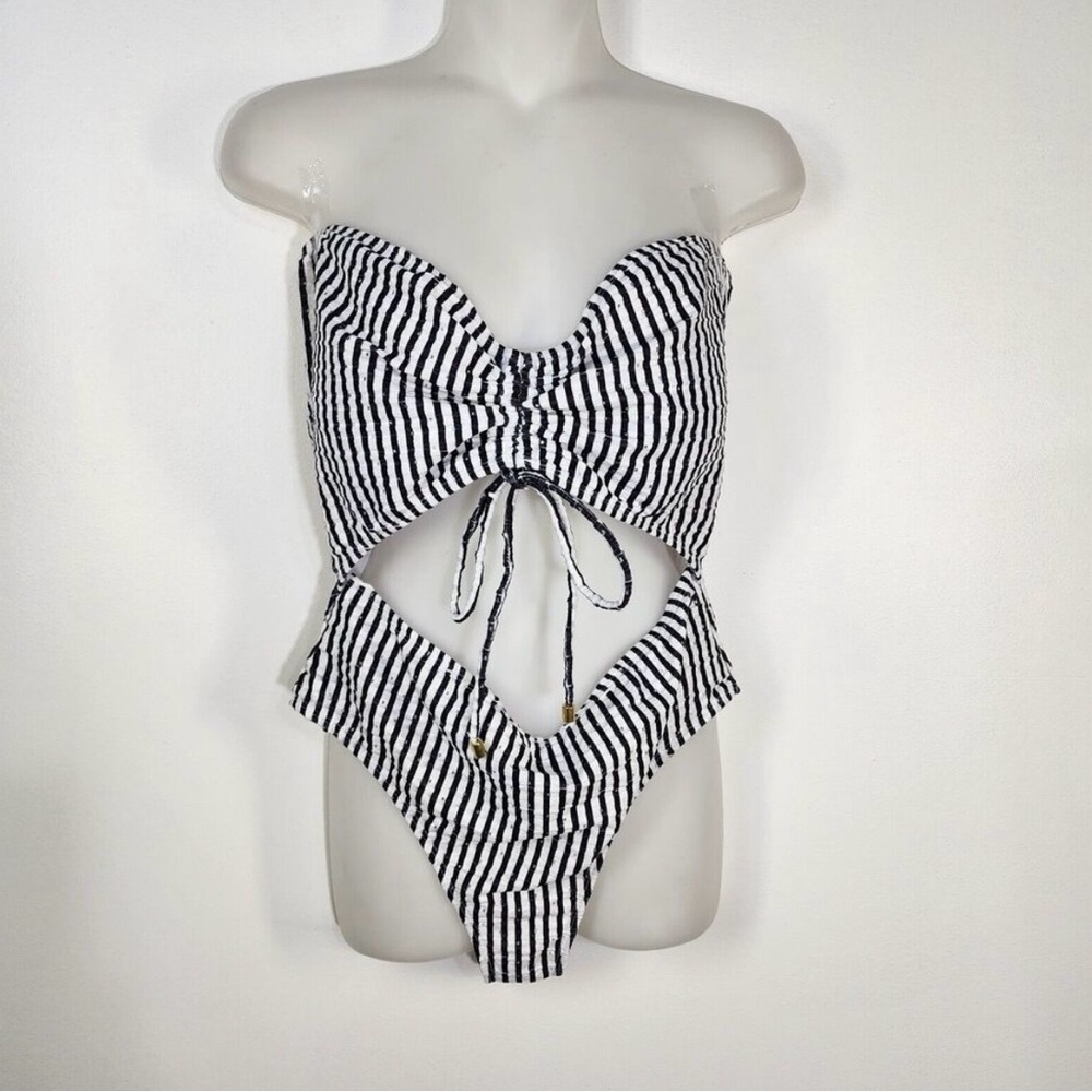 One Piece Swimsuit Large Striped Black Cut Out Tie Front Bandeau Sleeveless - Picture 2 of 3